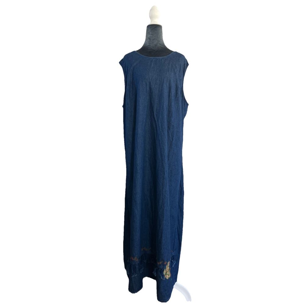 Vintage Maxi Denim Jean Dress Embroidered Granola Leaf Tassels Teacher Dark 28W